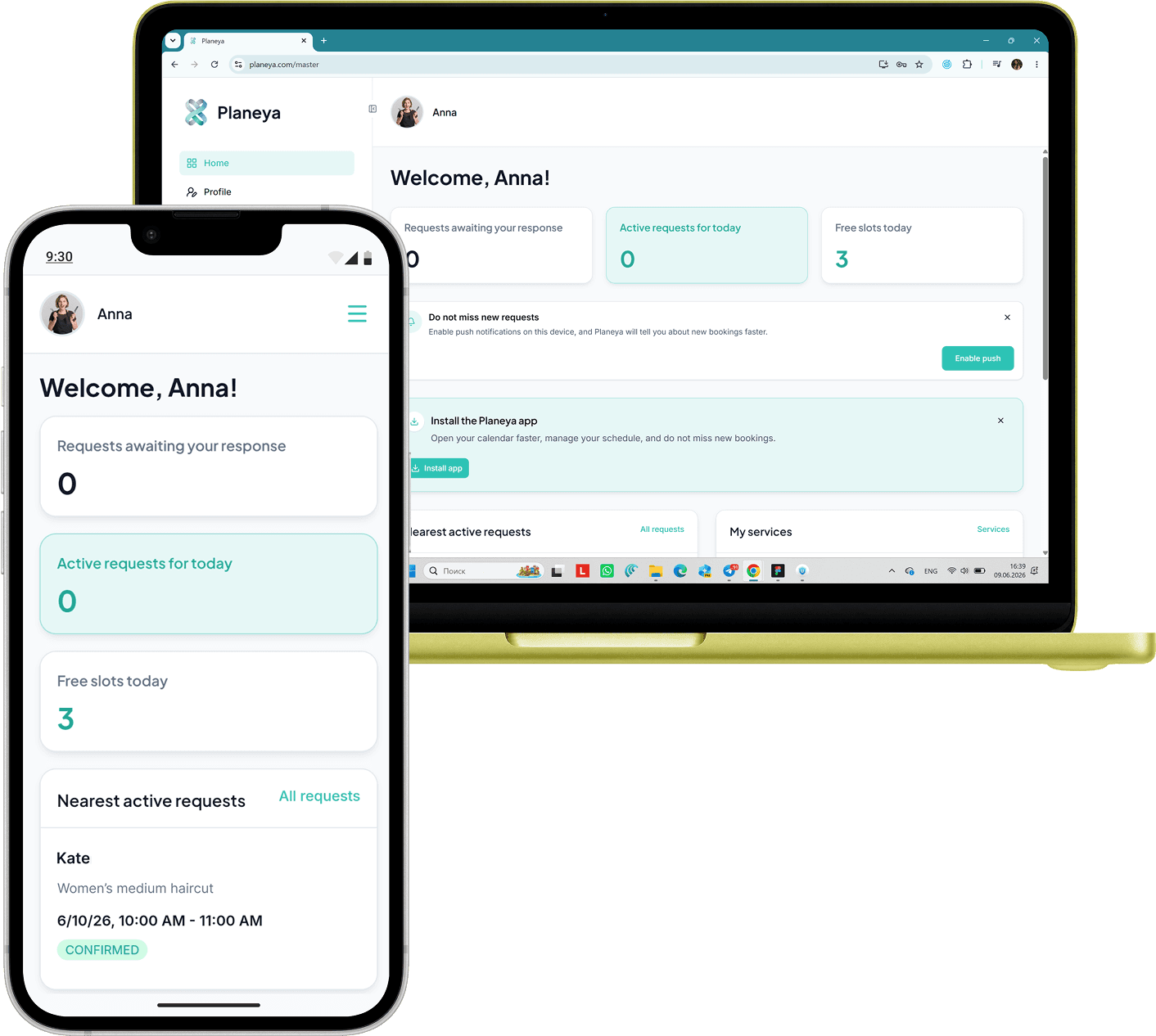 Planeya interface on computer and phone: requests, schedule, and master page